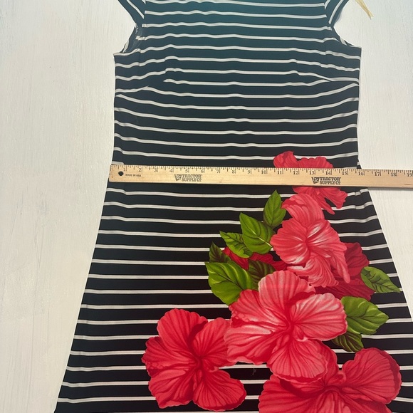 Madison Leigh Petite 12P Striped Floral Dress Black White Pink Cap Sleeve - Picture 3 of 9